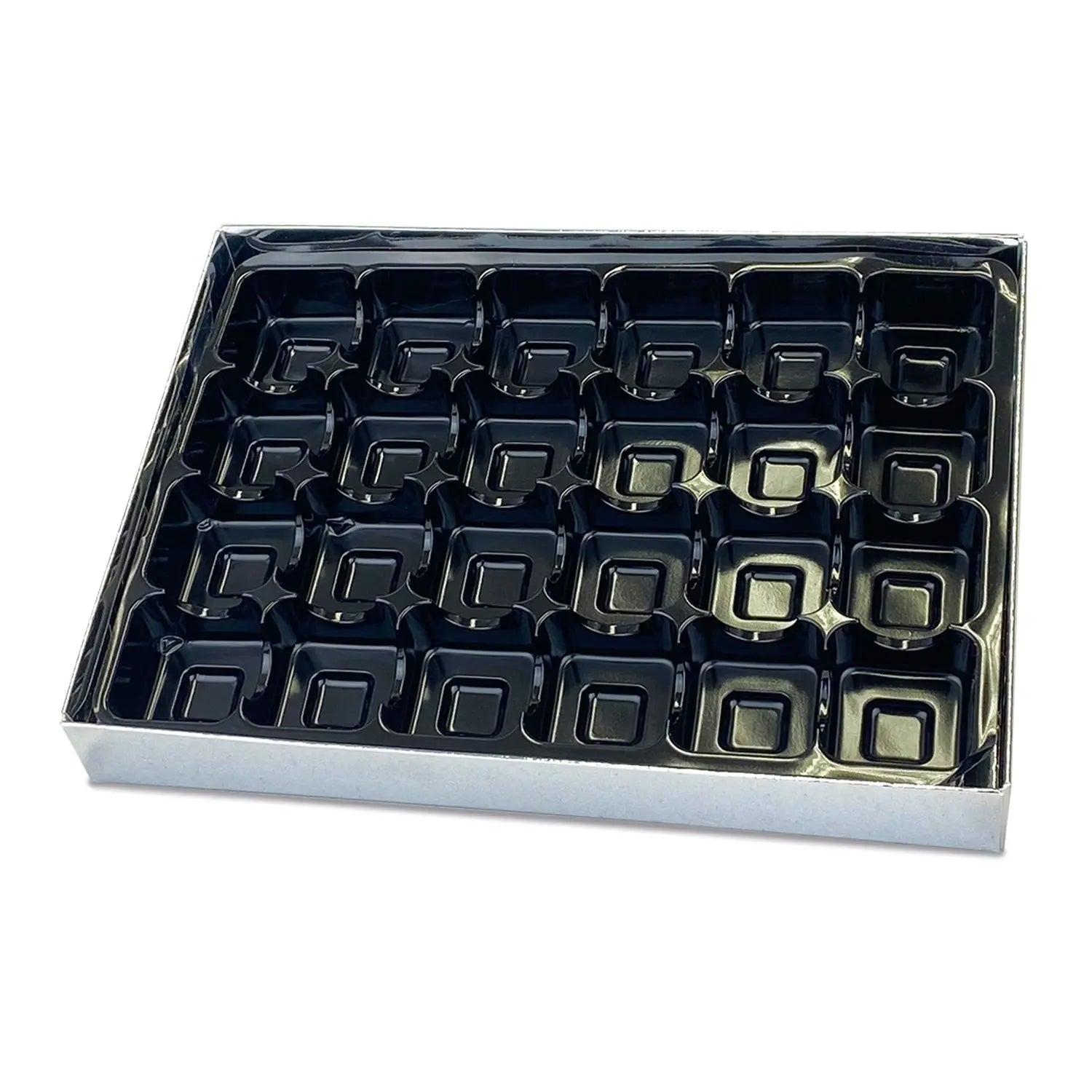 24 choc silver base, black vac tray and cello lid Jag Couture London - New York