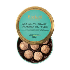 Gift tin of sea salt caramel almond milk chocolate truffles rolled in almond flavour powder - 11 x 3.6cm