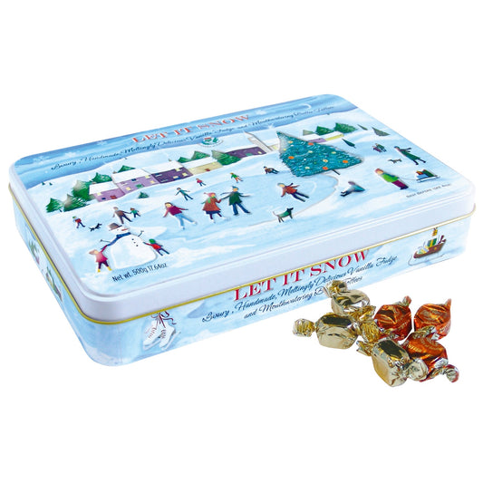 Let it snow skate scene tin of vanilla fudge and butter toffees