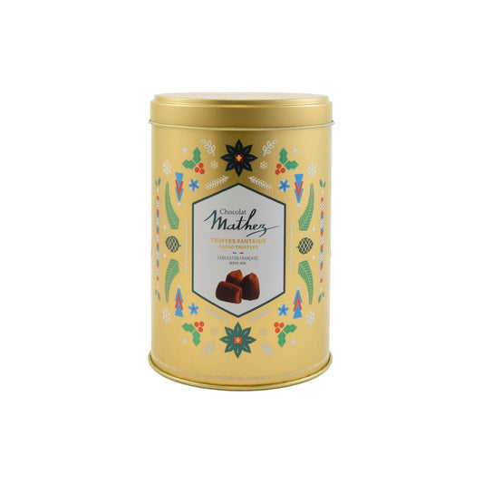Mathez original French cocoa dusted truffles in gold Christmas design tin