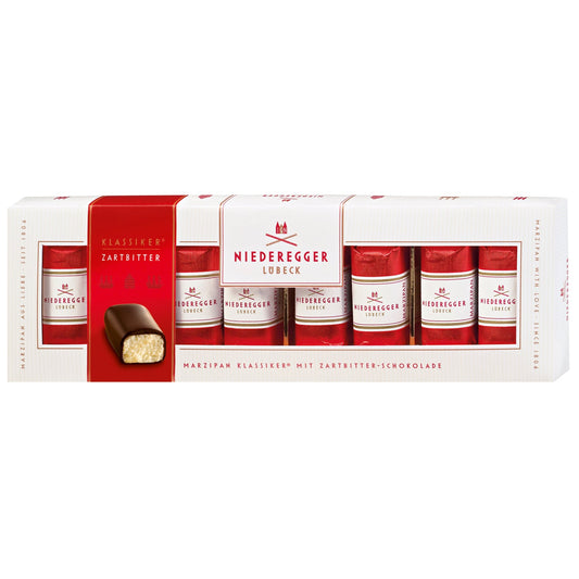 Dark chocolate covered mini marzipan loaves in gift box