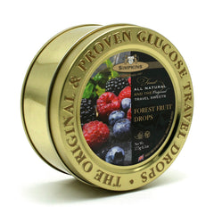 Gold embossed tin of forest fruit flavour travel sweets