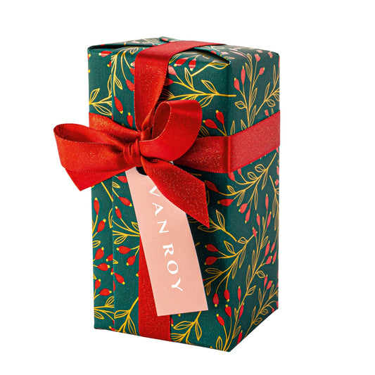 Deluxe Christmas ballotin of assorted Belgian chocolates with menu tag