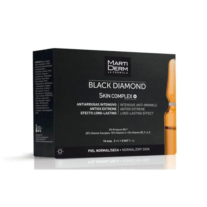 Martiderm Skin Complex Proteoglycans 10x2ml ampules, clear glass vials with dropper caps, designed for skincare.