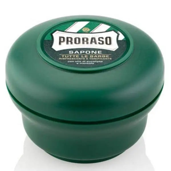 Proraso Green shaving soap in a 150ml bowl, with a green and white design, by Jag Couture London New York