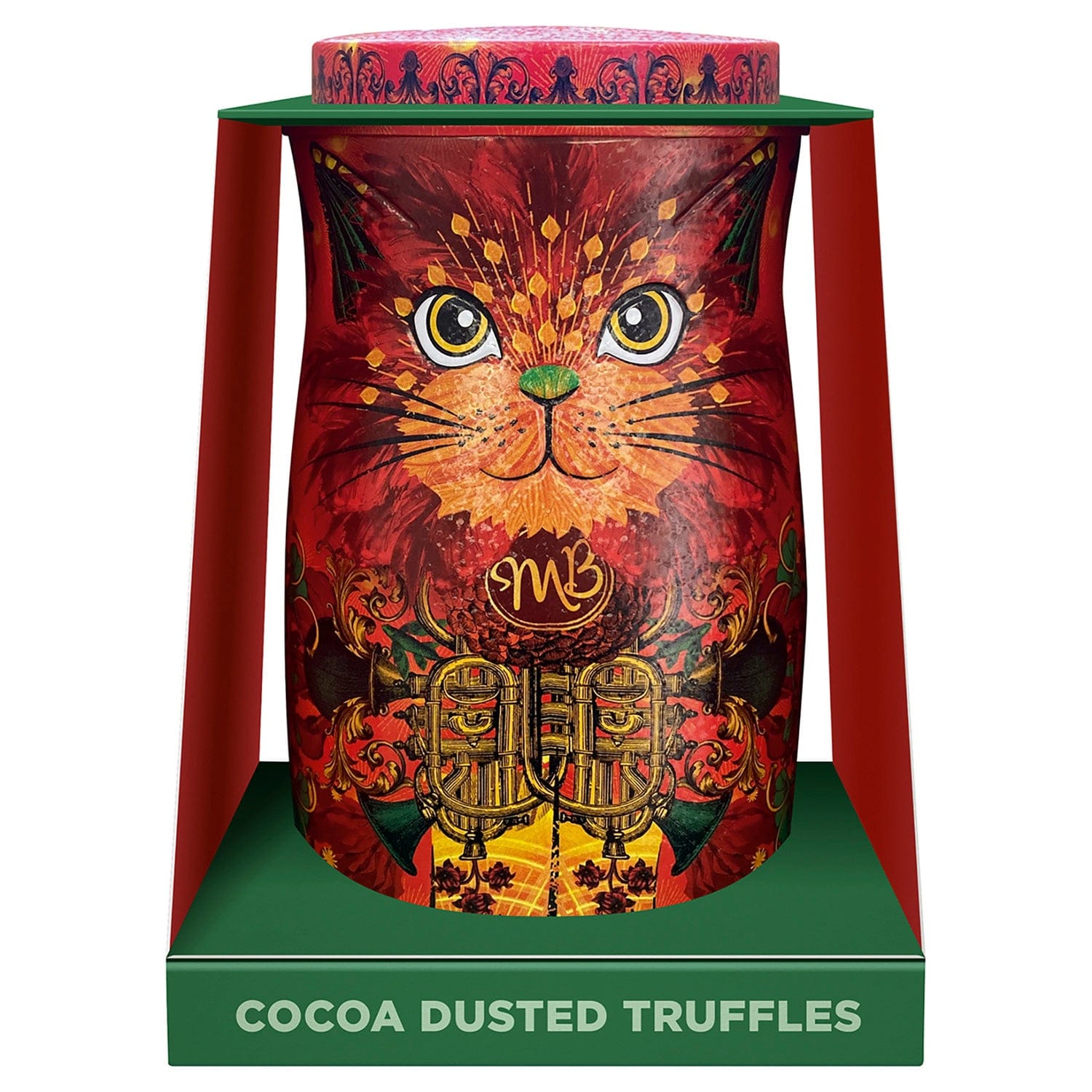Jag Couture London - New York Fire Dancer orange cat tin of Angelical orange flavour cocoa dusted truffles