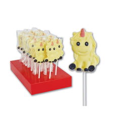 Jag Couture London - New York Hand decorated white chocolate Una the unicorn lollipops in display