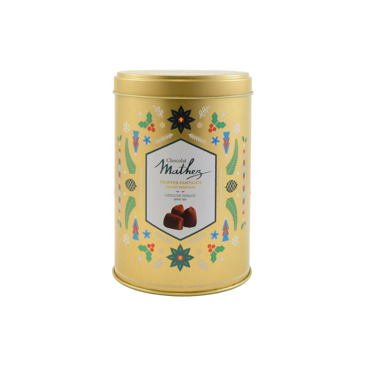 Jag Couture London - New York Mathez original French cocoa dusted truffles in gold Christmas design tin