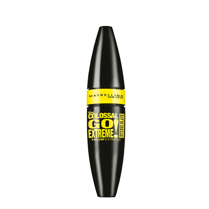 Maybelline The Colossal Go Extreme Leather Mascara in black, 9.5ml, with the mascara wand and sleek black packaging.