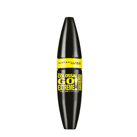 Maybelline The Colossal Go Extreme Leather Mascara in black, 9.5ml, with the mascara wand and sleek black packaging.