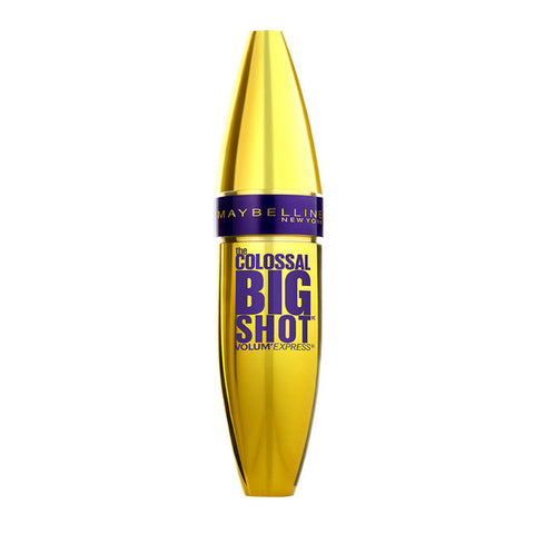 Maybelline Colossal Big Shot Mascara in black with large volumizing brush, displayed on a clean white background.