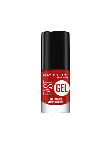 Maybelline Fast Gel Nail Lacquer in Rebel Red with the nail brush and glossy finish, displayed on a neutral background.