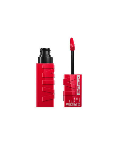 Maybelline Superstay Vinyl Ink Liquid Lipstick in shade 50 Wicked, 4.2ml, with vibrant deep red color and sleek packaging.
