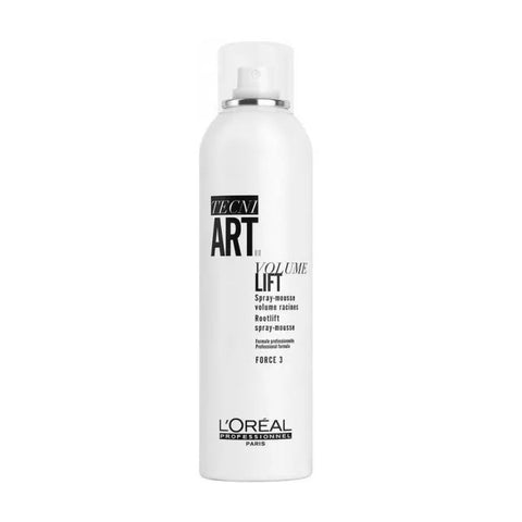 L’Oréal Professionnel Tecni Art Volume Lift Rootlift spray mousse, force 3, 250ml, with a spray nozzle and product packaging.