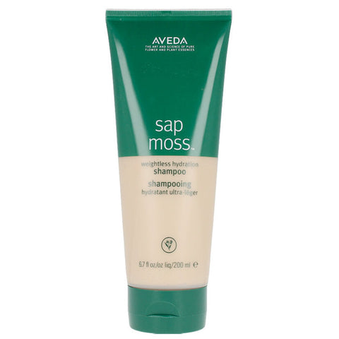 Aveda Sap Moss Weightless Hydration Shampoo in 200ml bottle, with lush green leaves and shampoo bottle on a natural background.