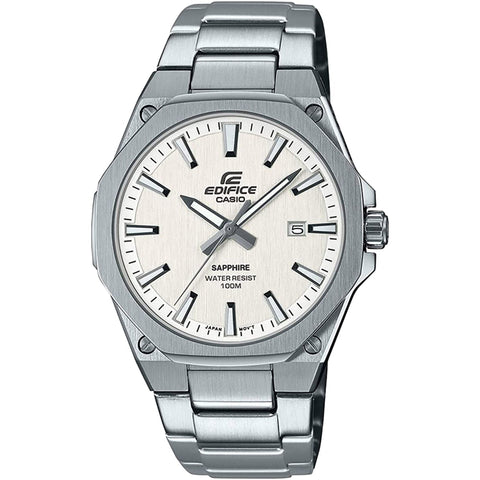 Casio EFR-S108D-7AVUEF wristwatch with black dial and stainless steel band, displayed on a white background.