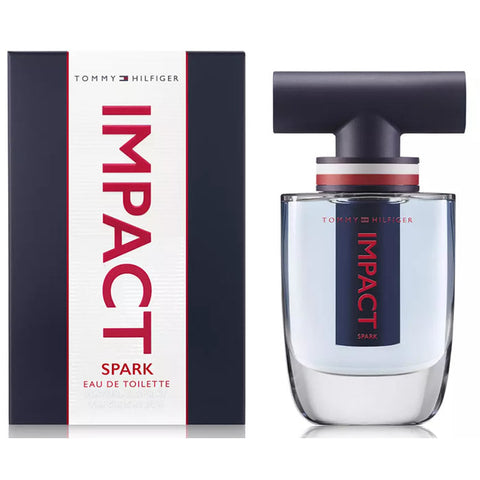 Tommy Hilfiger Impact Spark Eau De Toilette spray bottle, 50ml, with sleek packaging and branding visible.