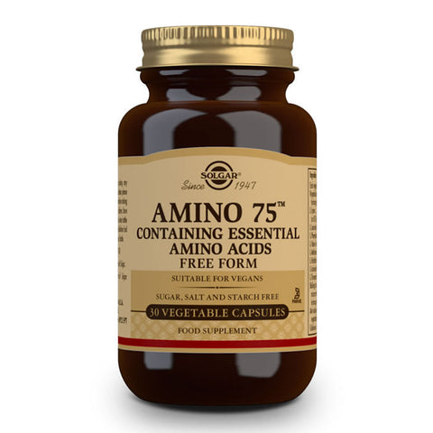 Jag Couture London - New York Solgar Amino 75 supplement capsules, showing a bottle of 30 amino acid capsules on a plain background.