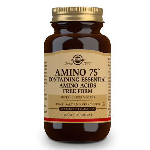 Jag Couture London - New York Solgar Amino 75 dietary supplement capsules in a bottle, designed for muscle support and amino acid intake.