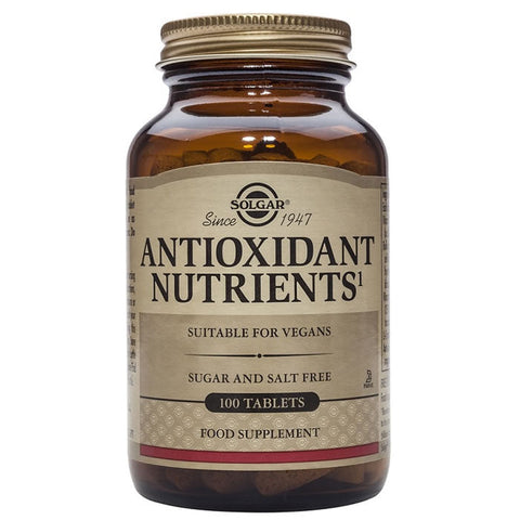 Jag Couture London - New York Solgar Nutrients Antioxidants supplement bottles with 100 tablets, featuring colorful labels and branding.