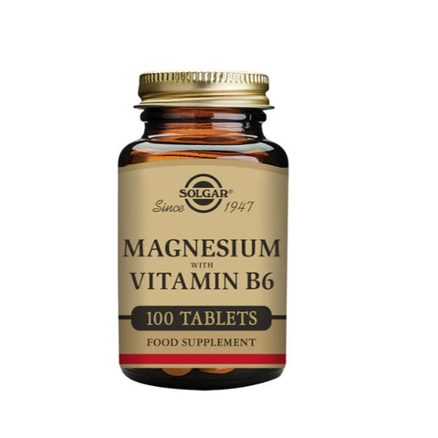 Solgar Magnesium with Vitamin B6 supplement in a pack of 100, featuring white capsules and branded packaging.