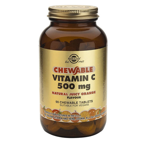 Jag Couture London New York Solgar Vitamin C orange flavor 500mg tablets in a bottle, showing the label and tablets inside.