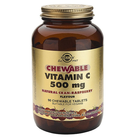 Jag Couture London New York Solgar Vitamin C 500mg cran-raspberry flavored 90 tablets, showing the supplement bottle and label details.