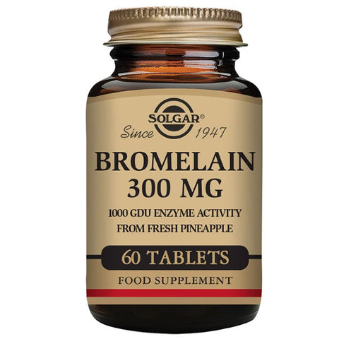 Solgar Bromelain 300mg capsules in a bottle, dietary supplement for digestion and inflammation support.