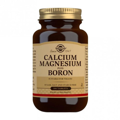 Solgar Calcium Magnesium Plus Boron supplement bottle with 100 tablets, featuring the product label and packaging.