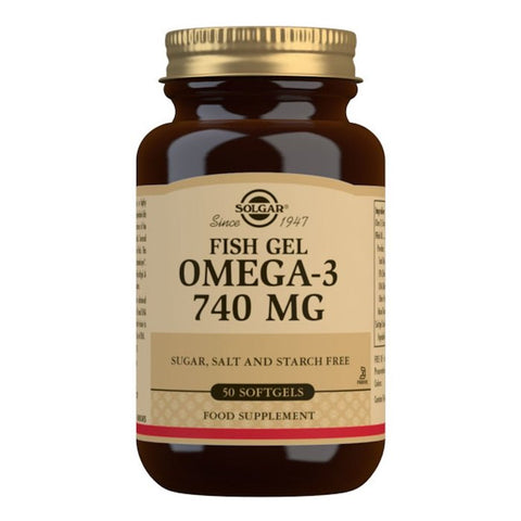 Solgar Fishgel Omega 740mg softgels in a bottle, dietary supplement for healthy joints and skin, by Jag Couture London New York.