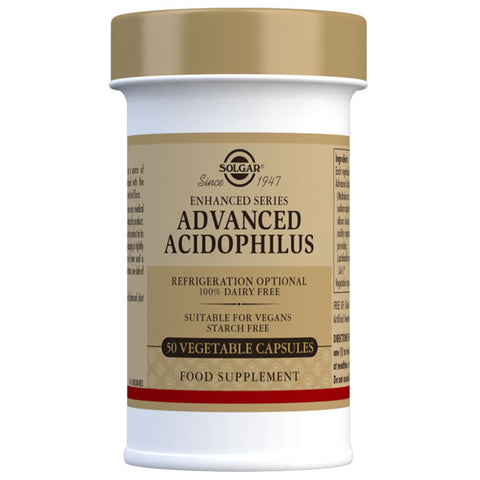 Solgar AcidoPhilus Advanced probiotic capsules in a bottle, designed for digestive health and gut support.