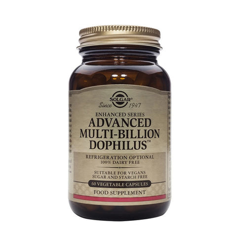 Jag Couture London - New York Solgar Multi Billion Dophilus Advanced probiotic capsules in a bottle, showcasing 60 veggie capsules.