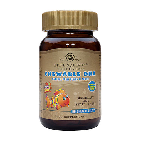 Solgar Children's DHA Chewable tablets in a bottle, featuring colorful chewable fish-shaped supplements for kids' brain support.