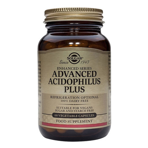 Solgar Advanced Acidophilus Plus probiotic capsules in a bottle, designed to support digestive health and gut flora.