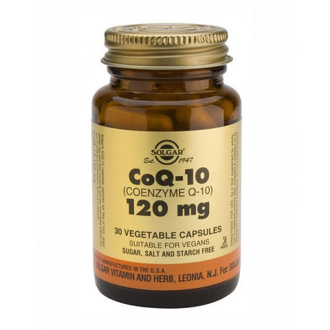 Jag Couture London - New York Solgar Coenzyme Q-10 120mg capsules in a clear bottle, showing 30 dietary supplement capsules.