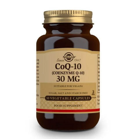 Jag Couture London - New York Solgar Coenzyme Q-10 30mg capsules in a bottle, dietary supplement for energy support.