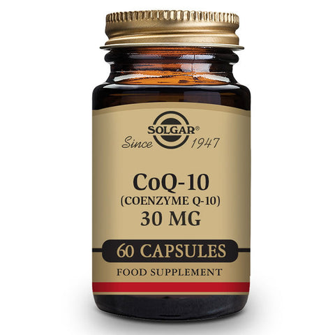 Jag Couture London New York Solgar Coenzyme Q-10 30mg capsules in a clear bottle, showing 60 dietary supplement capsules inside.