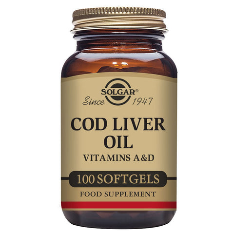 Solgar Cod Liver Oil supplement capsules in a bottle, showcasing the product's label and capsules for omega-3 health support.