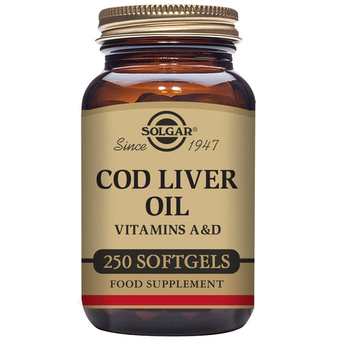 Jag Couture London New York Solgar cod liver oil capsules in a bottle, 250 softgel capsules for omega-3 and vitamin D.