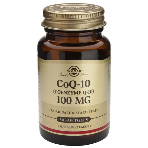 Jag Couture London - New York Solgar Coenzyme Q-10 100mg capsules in a white bottle with a blue label, displayed on a plain background.