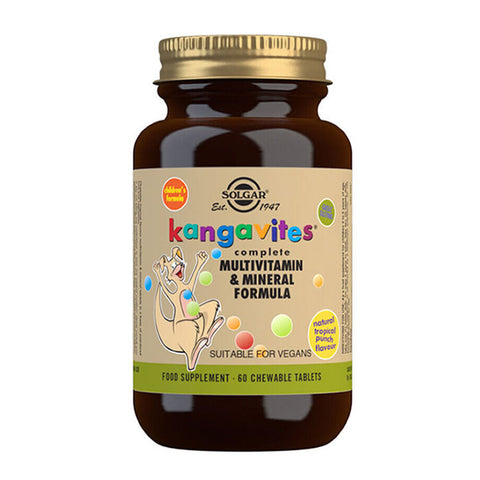 Solgar Kangavites tropical multivitamin tablets for children, 60 count, with colorful fruit flavor and vibrant packaging.