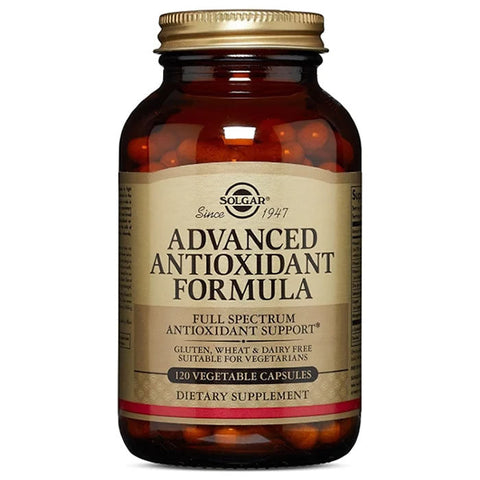Jag Couture London - New York Solgar Advanced Antioxidants 120 capsules bottle with label and capsules inside.