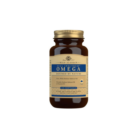 Solgar Wild Alaskan Full Spectrum Omega Softgels in a bottle, 120 capsules, with the label visible on the packaging.