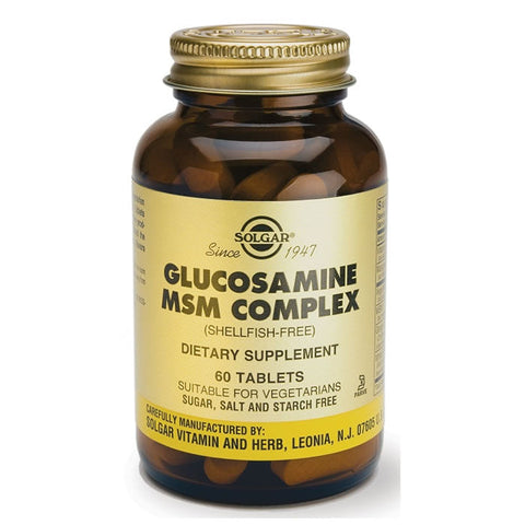 Jag Couture London - New York Solgar Glucosamine Msm Complex 60 tablets, dietary supplement bottle with tablets visible inside.