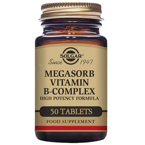 Jag Couture London - New York Solgar Megasorb Vitamin B-Complex 50 Tablets bottle, showing the label and tablets inside.
