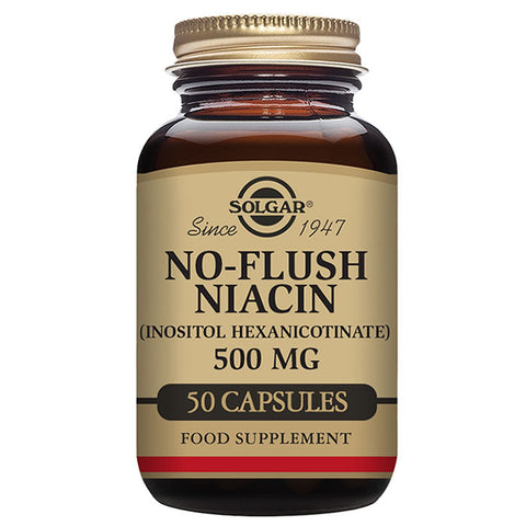 Jag Couture London - New York Solgar Niacin Non-Blushing 50 capsules bottle, dietary supplement with orange capsules on a white background.
