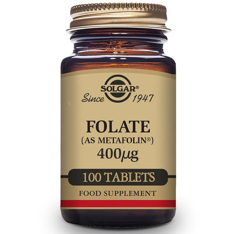 Jag Couture London - New York Solgar Folate 400mcg supplement bottles, 100 tablets, featuring colorful label design.