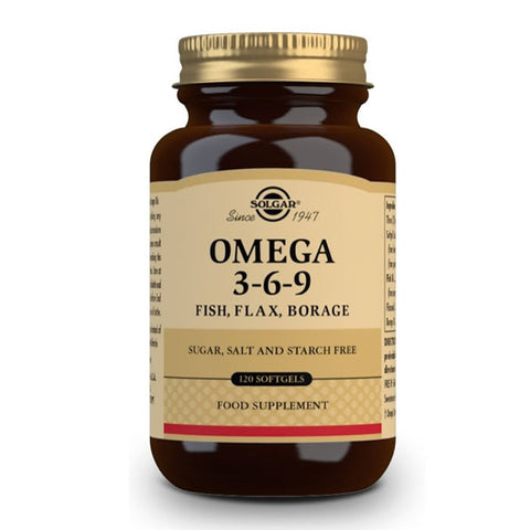 Jag Couture London Omega 3-6-9 capsules bottle from Solgar, featuring 120 softgel capsules for healthy fatty acids.
