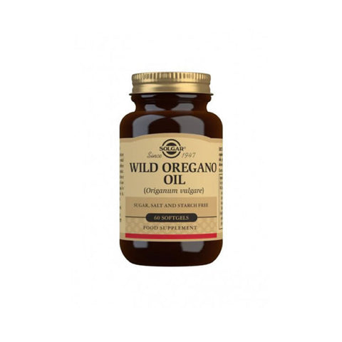 Solgar Wild Oregano Oil 60 pearls in a clear bottle, showing the supplement capsules, with branding and label details visible.
