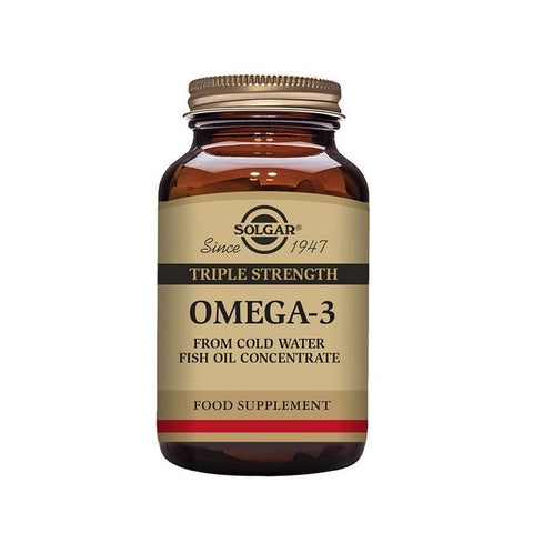 Solgar Omega-3 Triple Concentrate capsules bottle with 50 softgels, dietary supplement for heart and brain health.